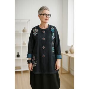 Bob Mackie Wearable Art Vintage Embroidered Black Denim Jacket Small Maximalist